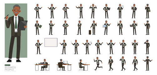 Big Set of businessman wear grey suit character vector design. People working in office planning, thinking and economic analysis. Presentation in various action.