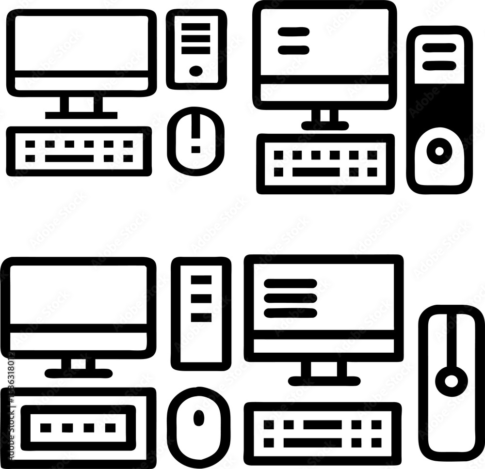 Poster desktop pc flat icon bundle featuring monitor, tower, keyboard, and mouse for ui and web design.