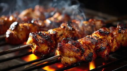 Premium image of grilled chicken skewers with a smoky flavor on a barbecue grill.