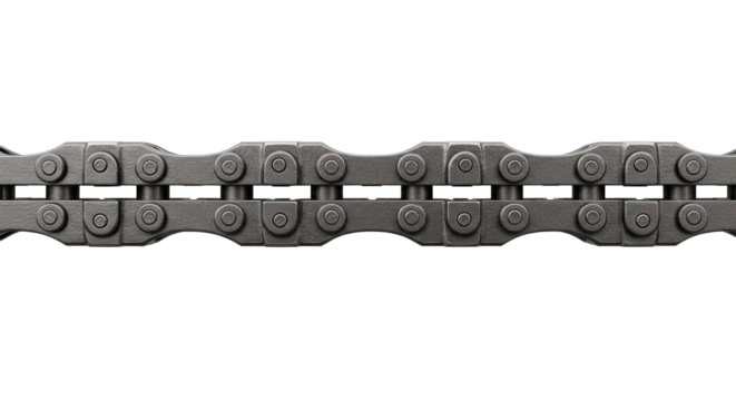 Close up view of a gray metal chain with connecting links against a black background in horizontal view