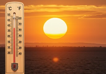 Extreme Heat Thermometer Displaying High Temperature, Sunrise, Scorching Sun, Global Warming Climate Change Concept.