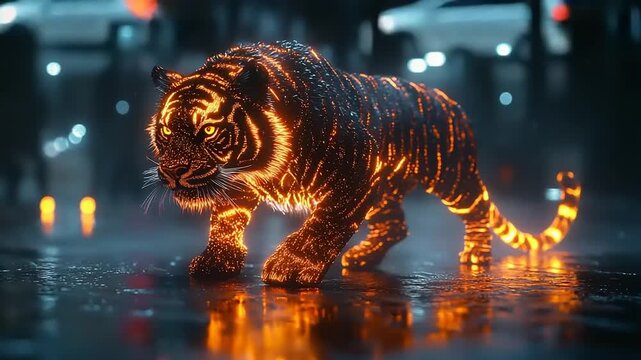 Illuminated tiger on a wet city street at night