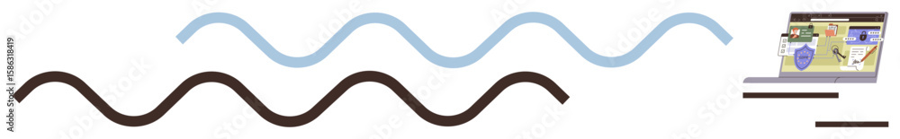 Poster curved wave lines in black and blue paired with a laptop screen displaying digital elements. ideal f
