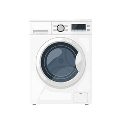 A white washing machine with a closed door and digital display, isolated.
