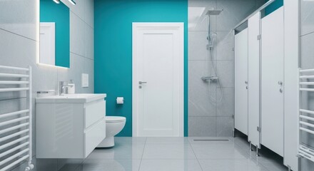 Modern bathroom interior showcases a sleek white vanity, toilet, and door against a vibrant teal wall, complemented by gray tile and a shower area, creating a clean aesthetic.