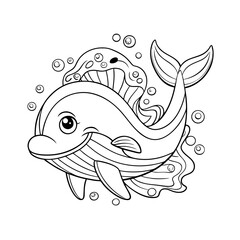 Fototapeta premium Happy Whale Splashing Water with Fish and Bubbles Coloring Page