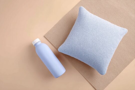 flat-lay of meditation cushion yoga mat protein shake and rowing gloves on pastel background