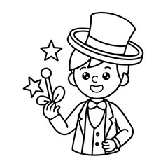 Little Boy Wearing a Magician’s Hat Performing a Magic Trick Coloring Page