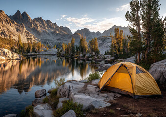 Camping Scene with Yellow Tent and Mountains