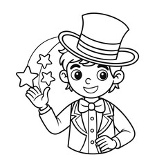 Little Boy Wearing a Magician’s Hat Performing a Magic Trick Coloring Page