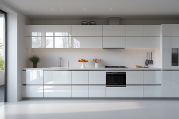 A modern kitchen with white cabinets and appliances