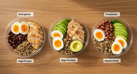 High protein diet bowls: Chicken, avocado, eggs, beans, and quinoa arranged on a table
