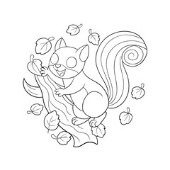 Playful Squirrel Climbing a Tree with Acorns and Leaves Coloring Page