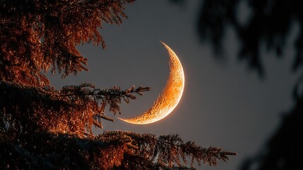   A half moon is visible through the pine tree branches in early morning light