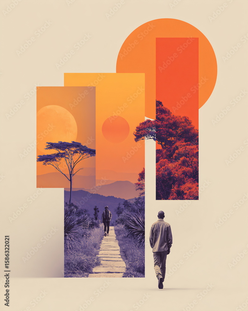 Poster man entering abstract portal, surreal landscape with trees and walking two men. psychedelic art coll