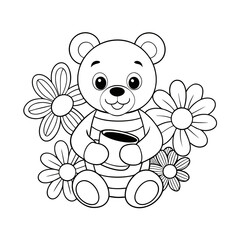 Obraz premium Smiling Baby Bear Holding a Honey Pot with Bees and Flowers Coloring Page