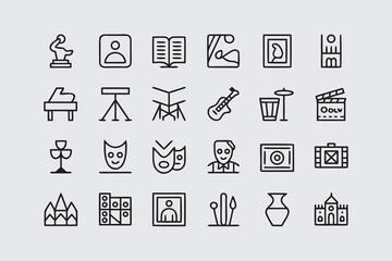 Fototapeta premium Collection of minimalist line art icons representing arts and culture symbol