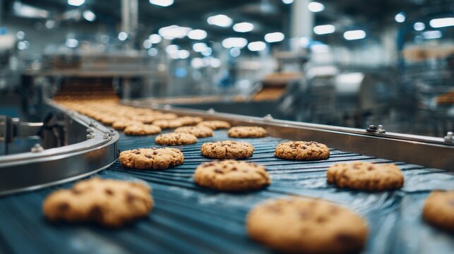 Premium image of automatic bakery production line with sweet cookies on conveyor belt equipment machinery in confectionary factory workshop.