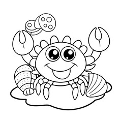 Smiling Crab Waving Its Claws on a Sandy Beach with Shells Coloring Page
