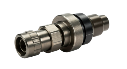 Close up of a metal connector with silver and black components on a dark background in studio shot