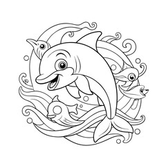 Smiling Dolphin Jumping Out of the Ocean Waves with Splashing Fish Coloring Page