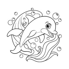Smiling Dolphin Jumping Over Waves with Fish and Bubbles Coloring Page
