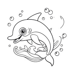 Smiling Dolphin Jumping Over Waves with Fish and Bubbles Coloring Page