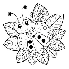 Smiling Ladybug Crawling on a Flower Petal with Leaves Coloring Page