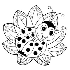 Smiling Ladybug Crawling on a Flower Petal with Leaves Coloring Page