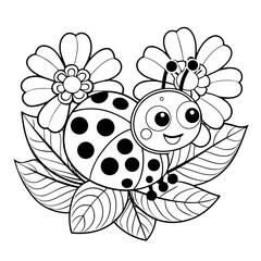 Smiling Ladybug Crawling on a Flower Petal with Leaves Coloring Page