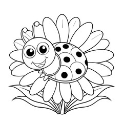 Smiling Ladybug Crawling on a Leaf with Flowers and Grass Coloring Page