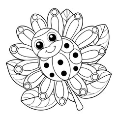 Smiling Ladybug Resting on a Daisy with Grass and Leaves Coloring Page