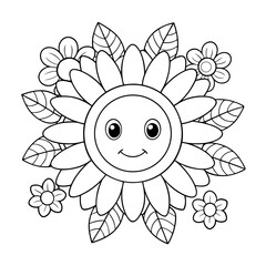Smiling Sunflower with Big Petals Surrounded by Bees Coloring Page