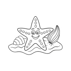Smiling Starfish Lying on a Sandy Beach with Seashells Coloring Page