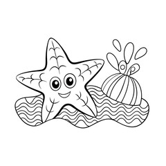 Smiling Starfish Lying on a Sandy Beach with Seashells Coloring Page