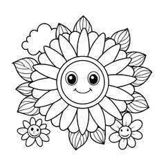 Smiling Sunflower with a Happy Face Surrounded by Clouds Coloring Page