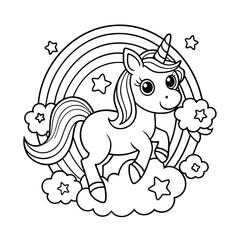 Smiling Unicorn Jumping Over a Rainbow with Stars Coloring Page