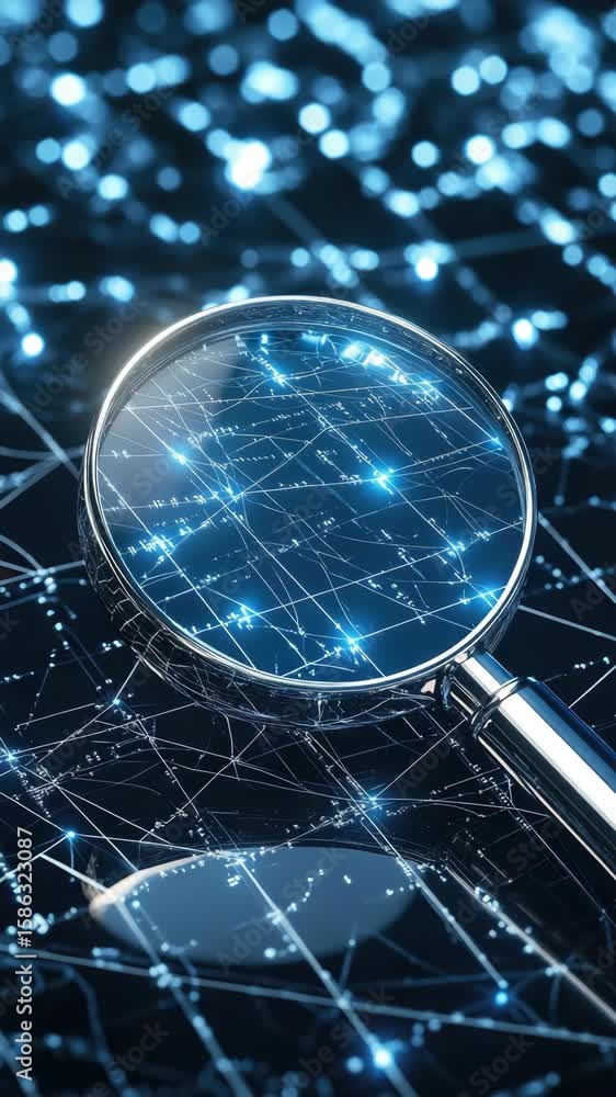 Poster magnifying glass focuses on detailed patterns in a digital network, showcasing the complexity and be
