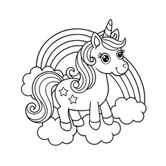 Unicorn Standing on Clouds with Stars and Rainbows Coloring Page