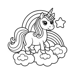 Unicorn Standing on Clouds with Stars and Rainbows Coloring Page