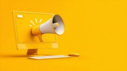 A vibrant scene of a computer screen with a megaphone symbolizing digital communication.