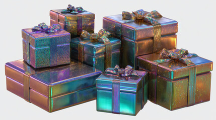 Pile of digital birthday presents with shiny wrapping papers and stacked neatly, 3D look, transparent background