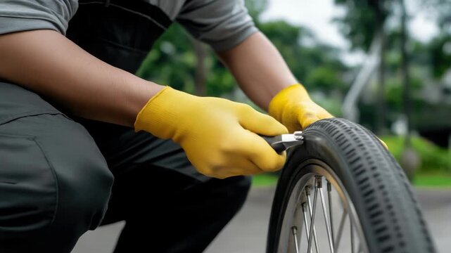 A person uses a tire lever and tools to repair a flat tire while wearing gloves in a natural outdoor setting