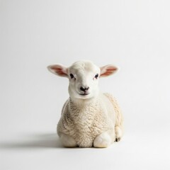 Fototapeta premium Adorable White Lamb Resting on Clean White Background 