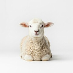 Fototapeta premium Adorable White Lamb Resting on Clean White Background 