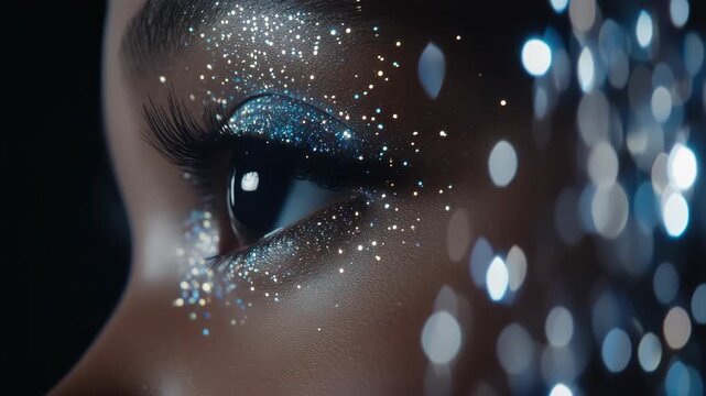 A dazzling showcase of makeup artistry with intricate details and sparkling effects on the eyelids
