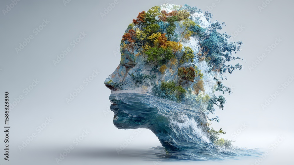 Poster a whimsical representation of nature intertwining with human emotion and identity.
