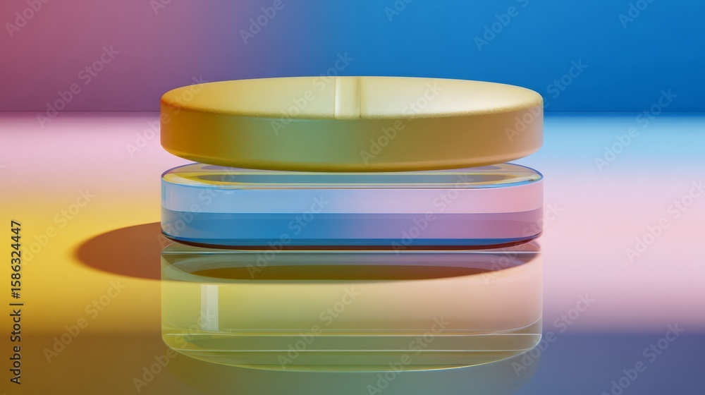 Poster abstract composition of colorful geometric shapes reflecting on a surface.