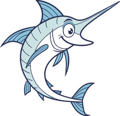 Vector illustration of a cartoon shark and fish swimming underwater in the ocean with fins and aquatic marine life symbols