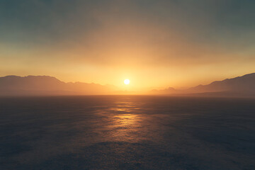 Sunset over the ocean at the beach with orange sky and calm waves reflecting on the water